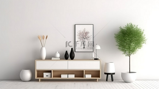 白色白色样机背景图片_3D 插图房间，配有白色木柜和白色墙壁模型