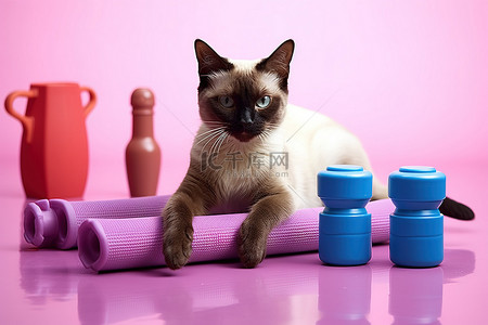暹罗猫在她的垫子上粉红色水瓶和哑铃