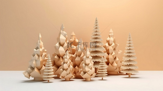 白色3d雪花背景图片_3D 渲染贺卡展示圣诞树并表达圣诞快乐和新年快乐