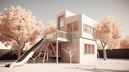 “极简主义的房子，在建筑 3D 渲染中拥有宁静的自然游乐场”