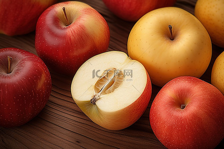 橙子切片背景图片_木头旁边有一个切片的苹果和一个橙子