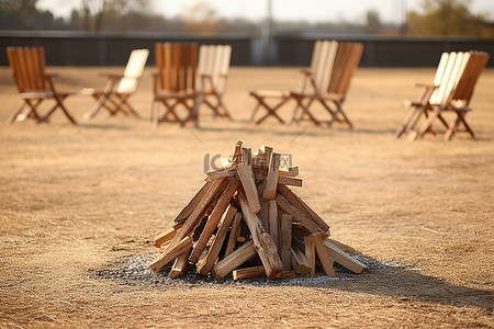 锅的汤在篝火旁背景图片_带长凳和椅子的木质烧焦篝火