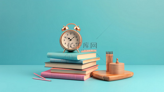 蓝色背景与 3D 时钟和书籍教育的例证