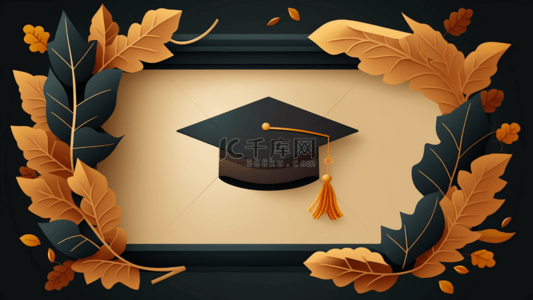 毕业黑色博士帽茂盛叶子边框背景