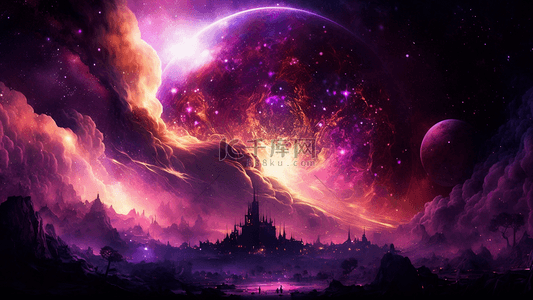 紫色背景星球背景图片_星空城堡唯美星球紫色背景
