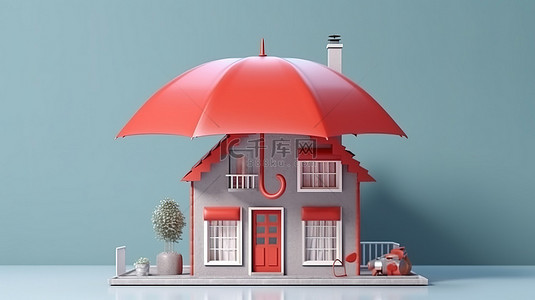 财产保护背景图片_带有雨伞保护的安全住宅的 3D 插图，非常适合房地产横幅