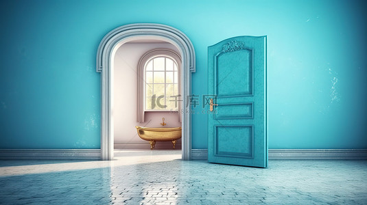 蓝色墙壁的房间，门开着 3d 图像