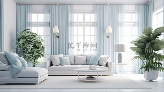 环境舒适的背景图片_汉普顿风格的沿海客厅位于舒适的家居室内环境中 3D 渲染插图