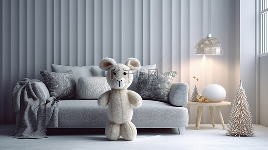 可爱的驯鹿毛绒玩具躺在现代客厅的沙发上 3D 渲染