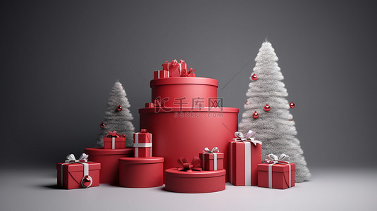 圣诞讲台以 3D 渲染展示，以圣诞老人圣诞树礼品盒丝带和产品为特色