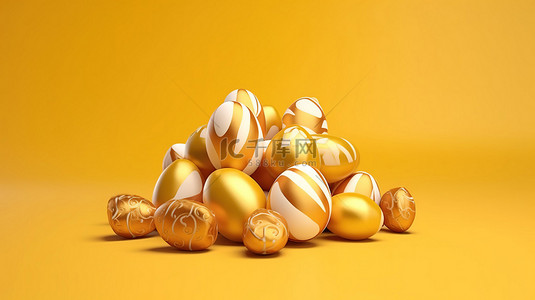 粉色彩蛋背景图片_色彩缤纷的复活节彩蛋坐落在 3d 所示的充满活力的黄色背景上