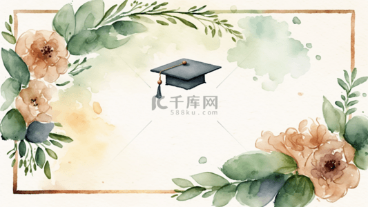 毕业机票背景图片_毕业水彩博士帽花朵边框背景