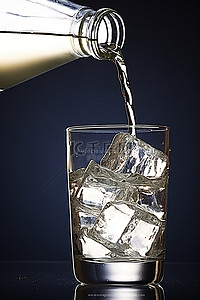 一瓶加冰块的水已倒入玻璃杯中