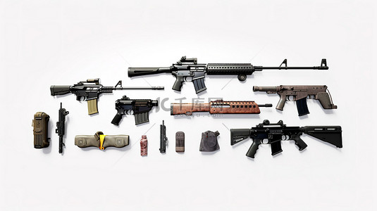 禁止在白色背景 3d 渲染上使用自动枪支和战争武器的标志