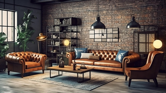 皮革装饰沙发背景背景图片_现代复古阁楼客厅设计，配有舒适的棕色皮革沙发和 3D 渲染装饰