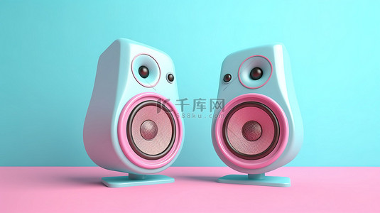 低音扬声器背景图片_3D 渲染的粉红色音频工作室背景中的双音风格蓝色音响扬声器