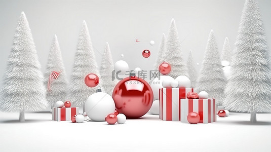 节日 3D 渲染松树礼品盒糖果手杖和圣诞球，带圣诞新年复制空间