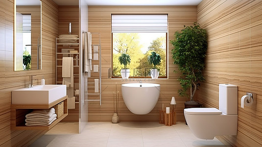 现代浴室配有斑马条纹瓷砖，配有马桶和坐浴盆 3D 渲染