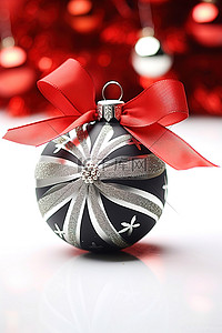 圣诞节背景图片_白底黑丝带的圣诞装饰品