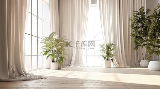 酒店客房背景图片_现代简约客房装饰有薄纱和绿色植物 3D 渲染