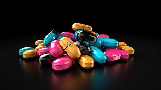 药房背景背景图片_生动的药物胶囊单独站立在深色背景药房和 3D 渲染中的医疗保健符号上
