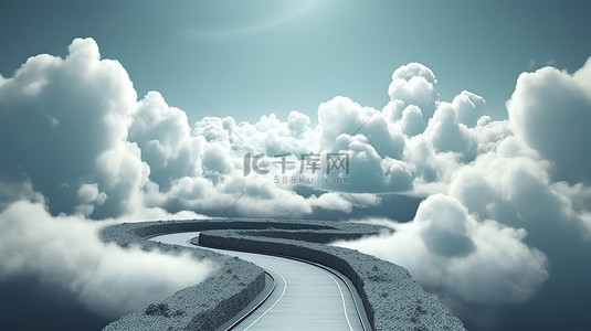公路交通道路背景图片_创意广告设计3D插画中漂浮在云端的弧形道路