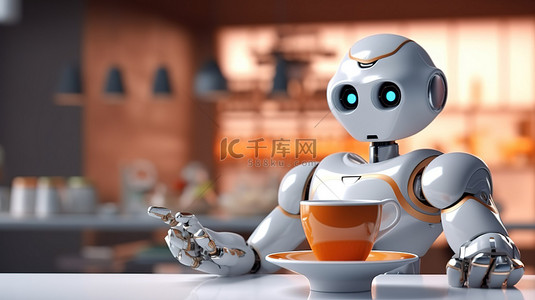 在自动化餐厅概念中提供咖啡的服务员机器人的 3D 渲染