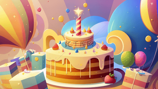 生日愿望背景图片_生日蛋糕气球彩色卡通插画背景