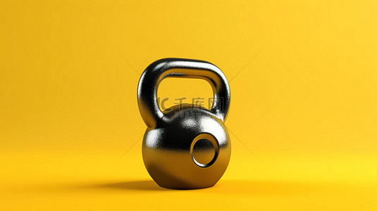 黄色背景上孤立金属壶铃健身房重量的 3D 插图