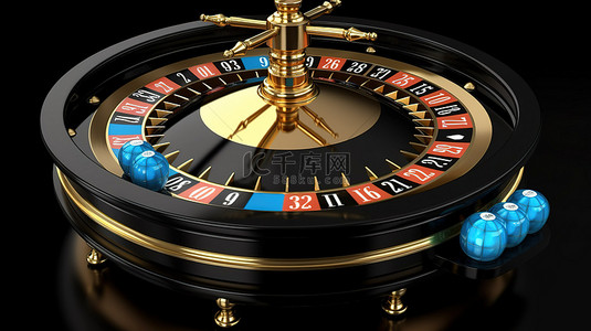 带有蓝色球和金色扑克牌的黑色赌场轮盘赌，带有剪裁路径 3D 渲染