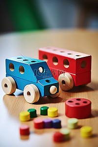 一张桌子，上面摆着五颜六色的木制玩具，旁边停着一辆蓝色的汽车