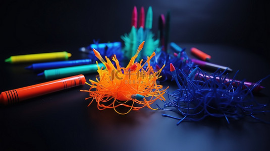 家教室背景图片_蓝色桌子上用于 3d 笔的充满活力的塑料丝