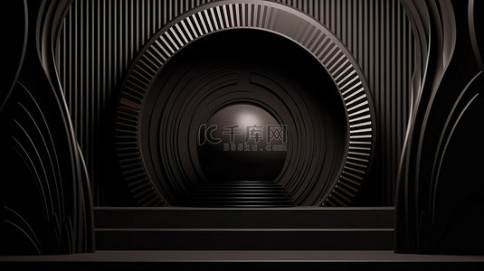 抽象 3D 讲台，带有半球形拱门，采用时尚的黑色调色板，中世纪深色背景