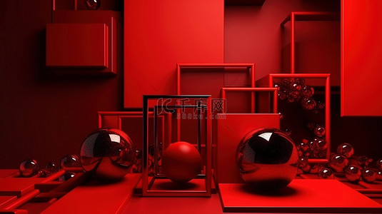 动态抽象设计红色背景，在 3D 渲染中具有深色几何形状，用于演示