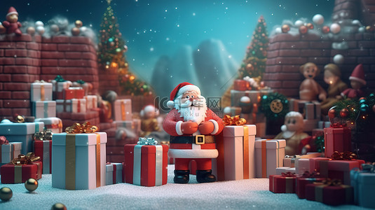 节日圣诞老人和礼品盒圣诞节背景祝你圣诞快乐，新年快乐3D 渲染
