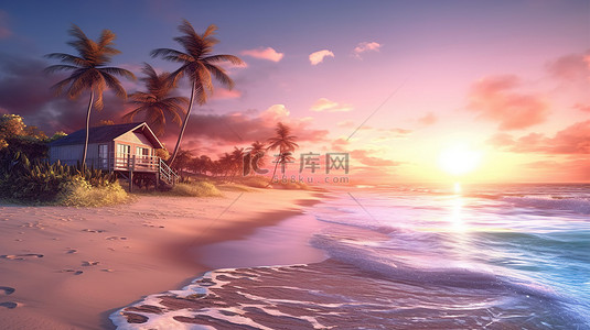 海滩上宁静的夏日日落的 3d 渲染