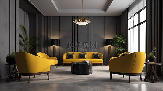 室内会议背景图片_现代豪华酒店和办公室接待区，配有休闲会议椅和黄色沙发的 3D 渲染