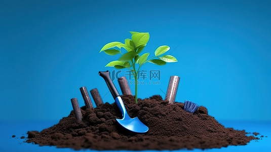 花千坊园艺背景图片_园艺工具和新鲜土壤增强了蓝色隔离背景上的种植体验 3D 渲染
