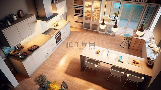 豪华晚餐背景图片_3D 渲染中的当代厨房空间自上而下视图