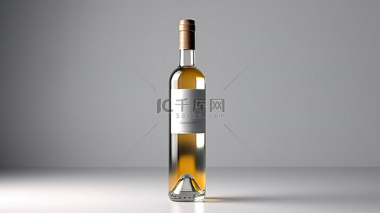时尚的白葡萄酒瓶，灰色背景上带有空白标签，是酒精酒厂的雅致表现和 3D 渲染的精致