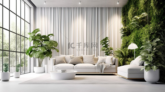 现代客厅的 3D 渲染，配有白色窗板沙发和郁郁葱葱的绿色植物