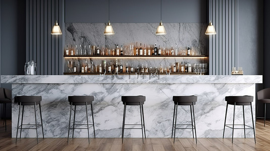 室内场景模型 3d 渲染与白色墙壁石酒吧和背景中的椅子