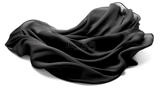 黑色织物在白色背景下飘扬的 3D 渲染