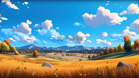 山太阳背景图片_卡通乡村充满活力的秋山草甸蓝天和云彩的 3D 渲染，用于海报和横幅