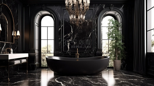 体验背景图片_奢华的沐浴体验 豪华浴室内部的 3D 渲染，配有大浴缸和时尚的黑色大理石墙面装饰