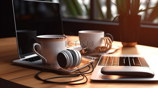 咖啡杯手背景图片_3D 渲染的自由工作区，配有笔记本电脑手机耳机和咖啡杯