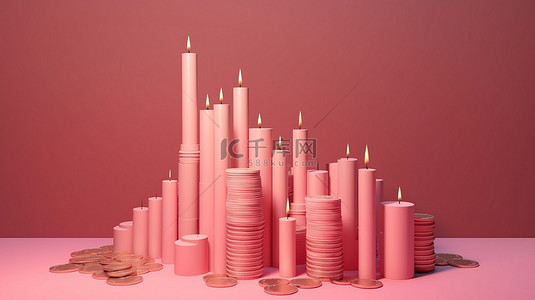 用 3d 烛台箭头和粉红色背景上堆叠的硬币描绘的股市下跌趋势