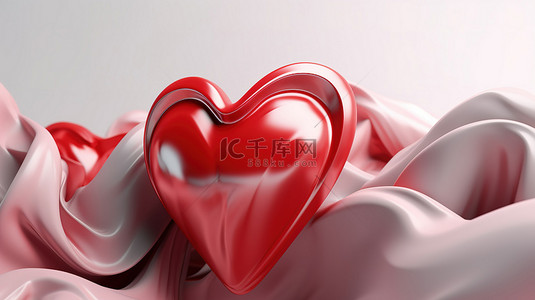 情人节概念在 3D 渲染中柔和的白色背景上闪闪发光的红心