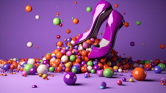 彩色球围绕着化妆品和高跟鞋，在紫色背景 3D 渲染中从袋子里溢出