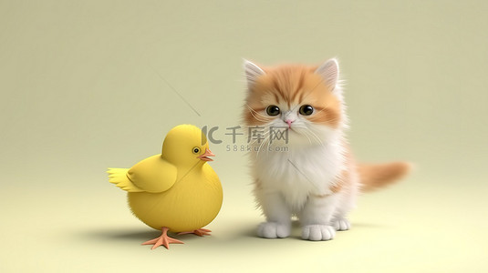 猫插图背景图片_令人惊叹的 3D 渲染中的猫和小鸡角色